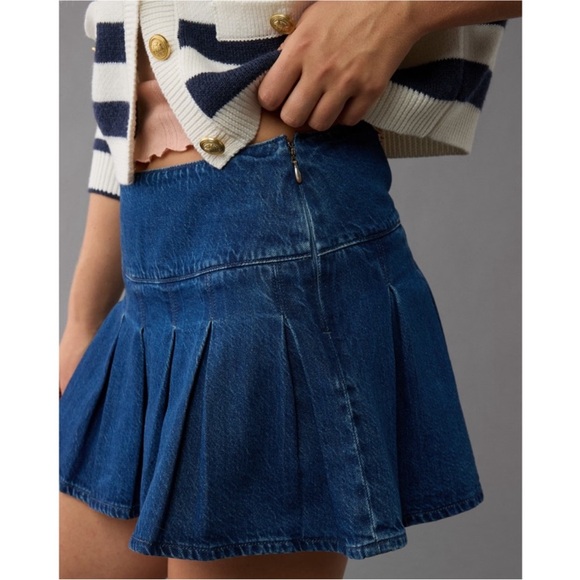 American Eagle Skort Womens 2 High Rise Denim Mini Pleated Skirt Blue - Picture 9 of 9